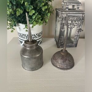 Vintage thumb pump auto metal oil oiler cans lot of 2